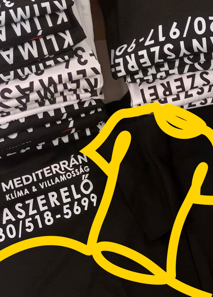 Céges pólók, amiket a Collabri gyártott rendelésre. A Collabri grafikája egy sárga hurok pólót formál az előtérben, így egészítve ki a képet.